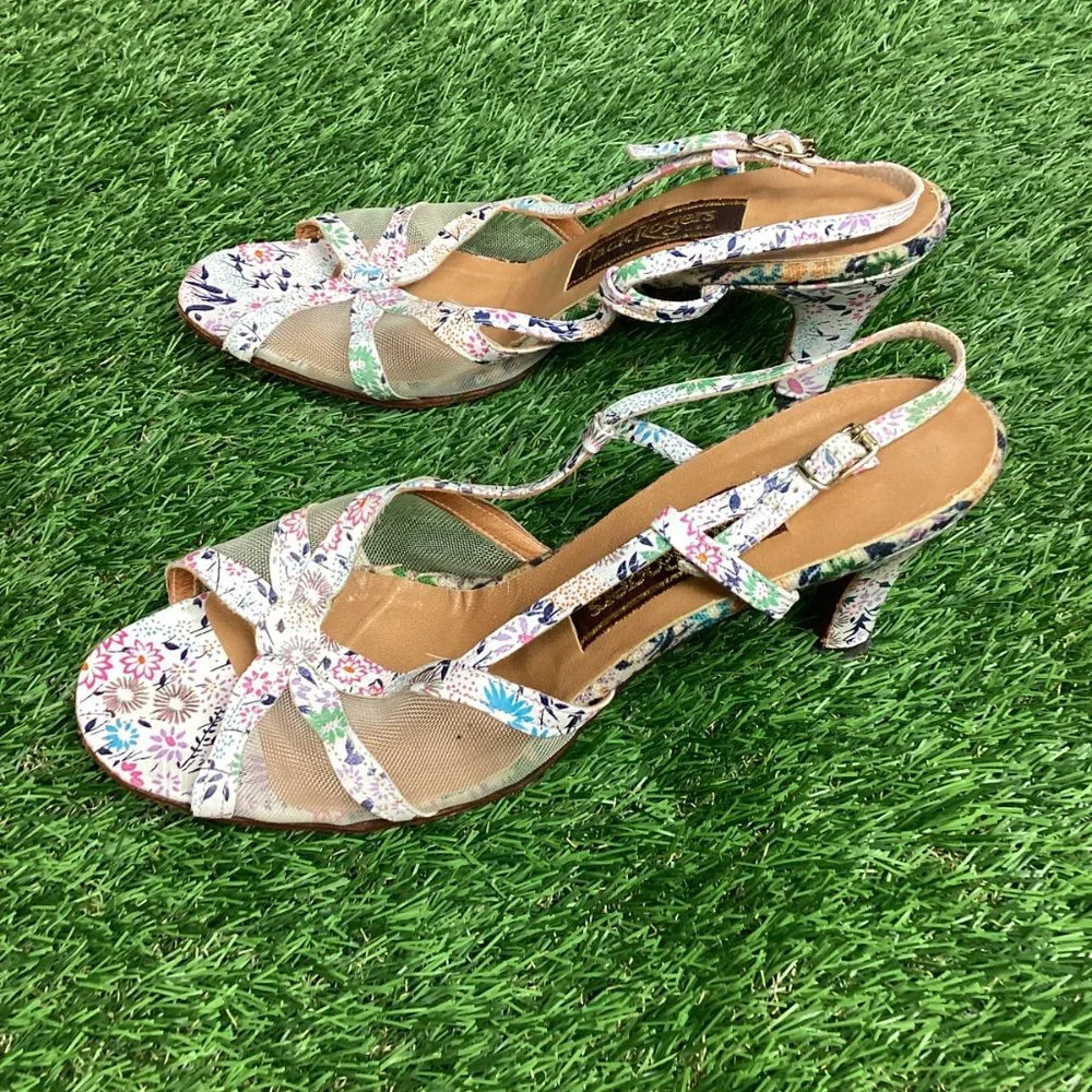 Jack Rogers Vintage Heeled Leather Sandal Floral Pastel 7M